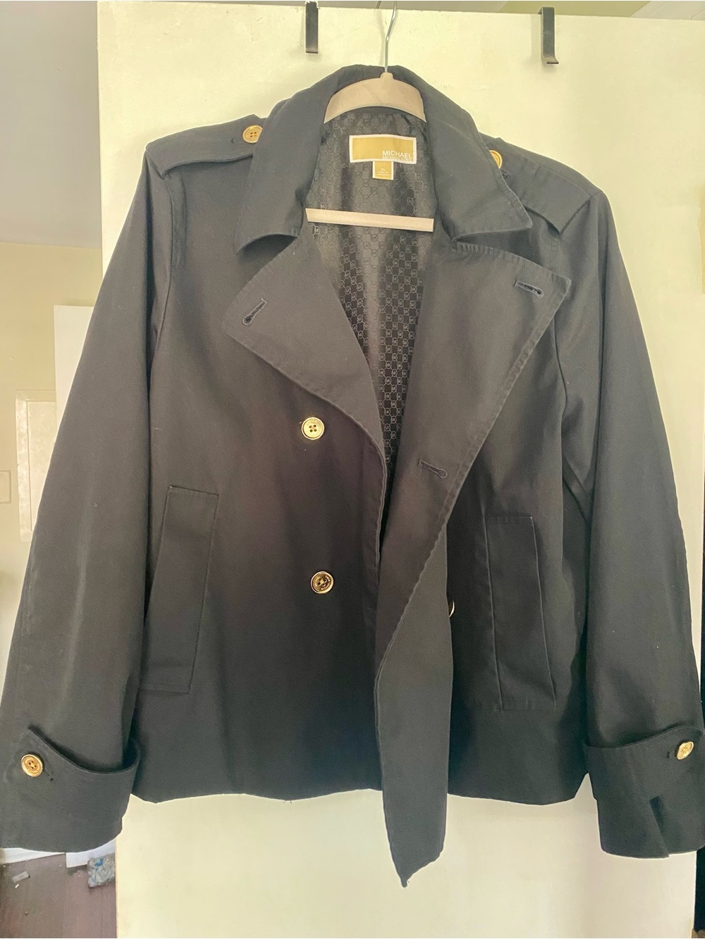 Michael Kors Waist Length Lightweight Black Peacoat with Gold tone Hardware